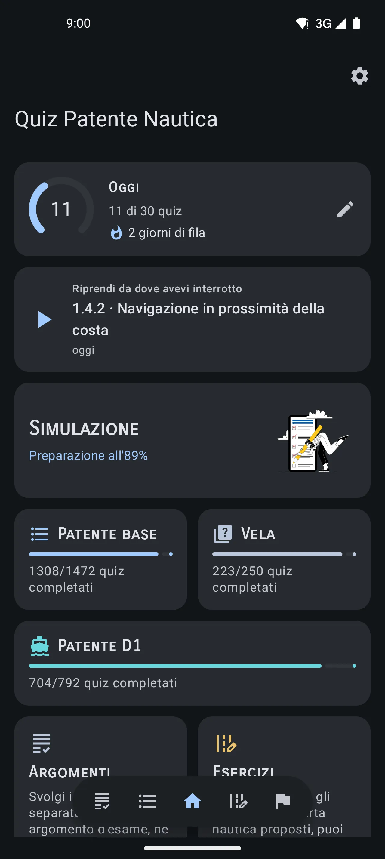 La schermata principale dell'app Quiz Patente Nautica